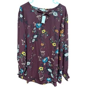 Maurices Floral Blouse Size 2 - 2XL Long Sleeve Criss Cross Neckline Burgundy‎
